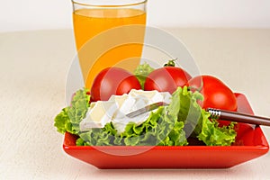 Tomatoes and cheese slices lie on a sheet of fresh salad in a red plate. A glass of orange juice stands side by side on the table.