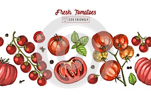 Tomatoes colorful seamless vector border