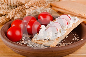 Tomatoes with crispy bread and curd cheese