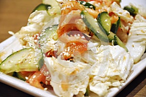 Tomatoes and cucmbers salad with shrimp