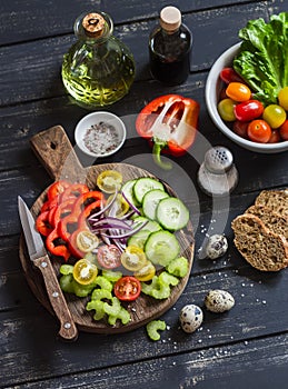 Tomatoes, cucumber, celery, bell pepper, red onion, quail eggs,olive oil, balsamic vinegar, garden herbs and spices - Ingredients