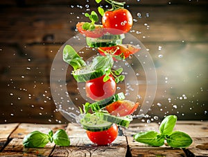 Tomatoes, cucumbers, and basil leaves floating in mid-air with water splashing against a rustic background