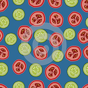 Tomatoes and cucumbers, seamless pattern, vector, blue background