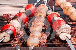 Tomatoes, eggplant, mushrooms, baked potatoes in the coals kebabs, souvlaki and grilled meat on a grill, entrecote, steak,