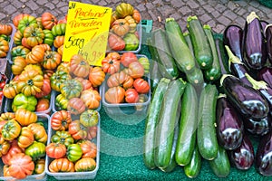 Tomatoes, eggplant and zucchini for sale