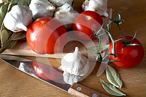 Tomatoes garlic and bay leaf