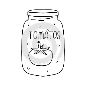 Tomatoes in a glass jar. Hand drawn doodle style. Vector illustration isolated on white. Coloring page.