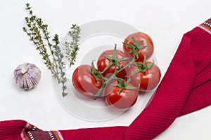 Tomatoes on green branch. Knife and scissors