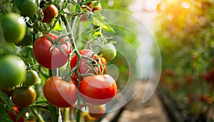 Tomatoes growing in a greenhouse. Organic agriculture. Eco green business