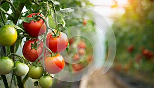 Tomatoes growing in a greenhouse. Organic agriculture. Eco green business