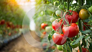 Tomatoes growing in a greenhouse. Organic agriculture. Eco green business