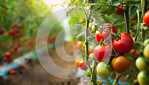 Tomatoes growing in a greenhouse. Organic agriculture. Eco green business