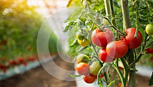 Tomatoes growing in a greenhouse. Organic agriculture. Eco green business