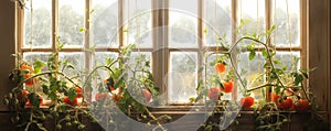 Tomatoes growing on sunny windowsill