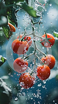 Tomatoes Hanging From Vine in Rain, Ripe Red Fruit Drenched in Refreshing Water Drops