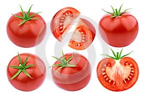 Tomatoes isolated. Fresh cut tomato set isolated on white background with clipping path