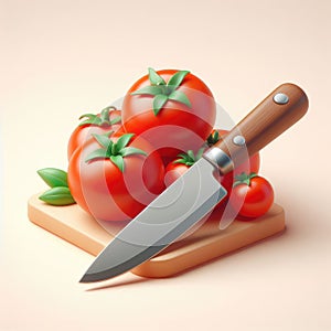 Tomatoes and knife. 3D cartoon illustration on a light background