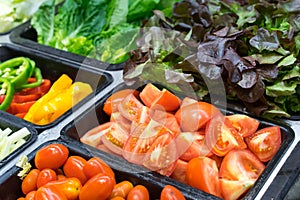 Tomatoes and other vegetables in salad trays
