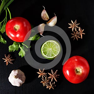 Tomatoes,parsley,green onion,lime,star anise and garlic