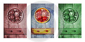 Tomatoes with pasta as a drover, triptych in brown, blue and green photo