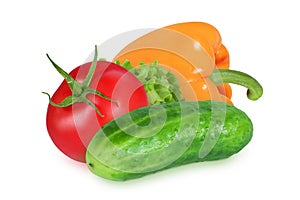 Tomatoes, peppers and cucumber on an isolated white background. Orange pepper, red tomatoes and cucumber