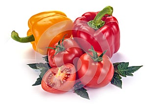 tomatoes and peppers with leaves