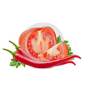 Tomatoes and red hot chili pepper isolated on white background.