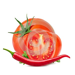 Tomatoes and red hot chili pepper isolated on white background.