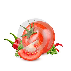 Tomatoes and red hot chili pepper isolated on white background.