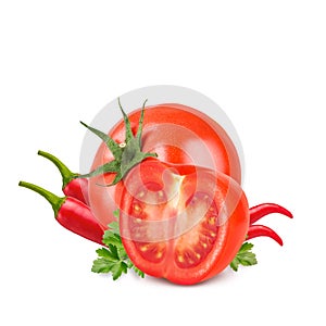 Tomatoes and red hot chili pepper on white background.