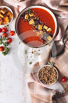 Tomatoes and Red Pepper Soup with Halloumi Chesse and Dukkah Spices