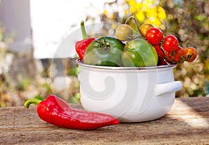 Tomatoes and red pepper in the white bowl