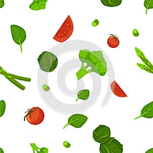 Tomatoes with salad and cabbage seamless pattern. Green broccoli swirl with red tomato slices.