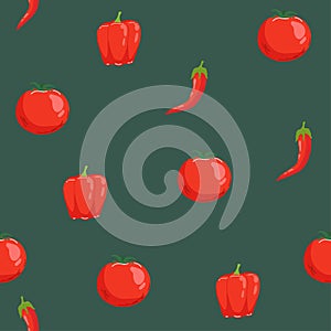 Tomatoes seamless pattern background. Flat color style design red chili.