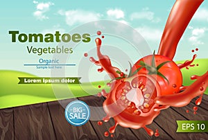 Tomatoes slice splash Vector realistic. Green eco background. Detailed 3d banner template for label, icon, product