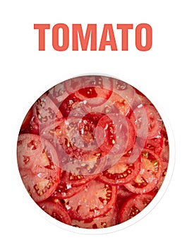 Tomatoes slices, located behind a round hole with shadows from it, are isolated on a white background with an