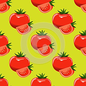 Tomatoes and slices of tomato seamless background. Flat and solid color design vector.