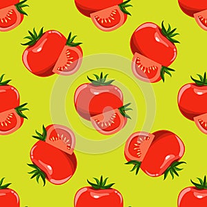 Tomatoes and slices of tomato seamless background. Flat and solid color design vector.