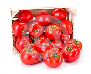 Tomatoes (Solanum lycopersicum) in wooden crate