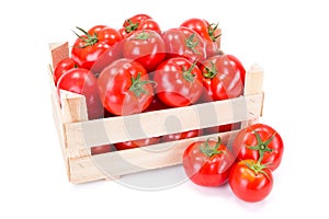 Tomatoes (Solanum lycopersicum) in wooden crate photo