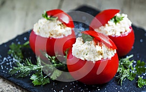 Tomatoes stuffed with cream cheese, selective focus