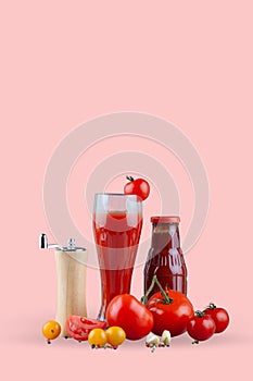 Tomatoes, tomato ketchup and tomato juice with lettuce leaves, isolated on a pink background. Background with copy space