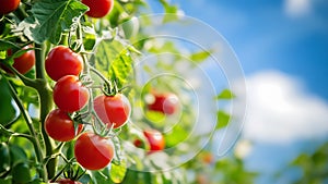 Tomatoes on the tree with blue sky background