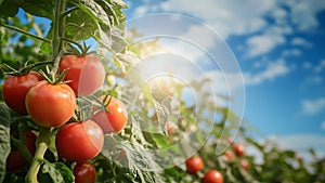 Tomatoes on the tree with blue sky background