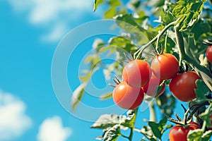 Tomatoes on the tree with blue sky background