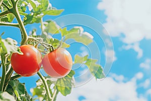 Tomatoes on the tree with blue sky background