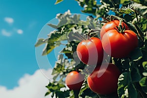 Tomatoes on the tree with blue sky background