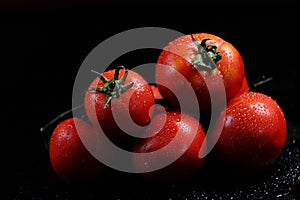 Tomatoes under water drops, red background