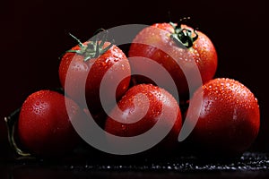 Tomatoes under water drops, red background