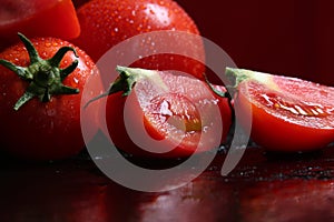 Tomatoes under water drops, red background